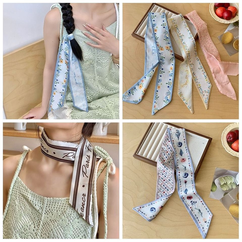 Elegant Ribbon Floral Scarf Printed Thin Scarf Headband Dressing Decoration Neckerchief Long Scarves Sun Hat Trim Decoration