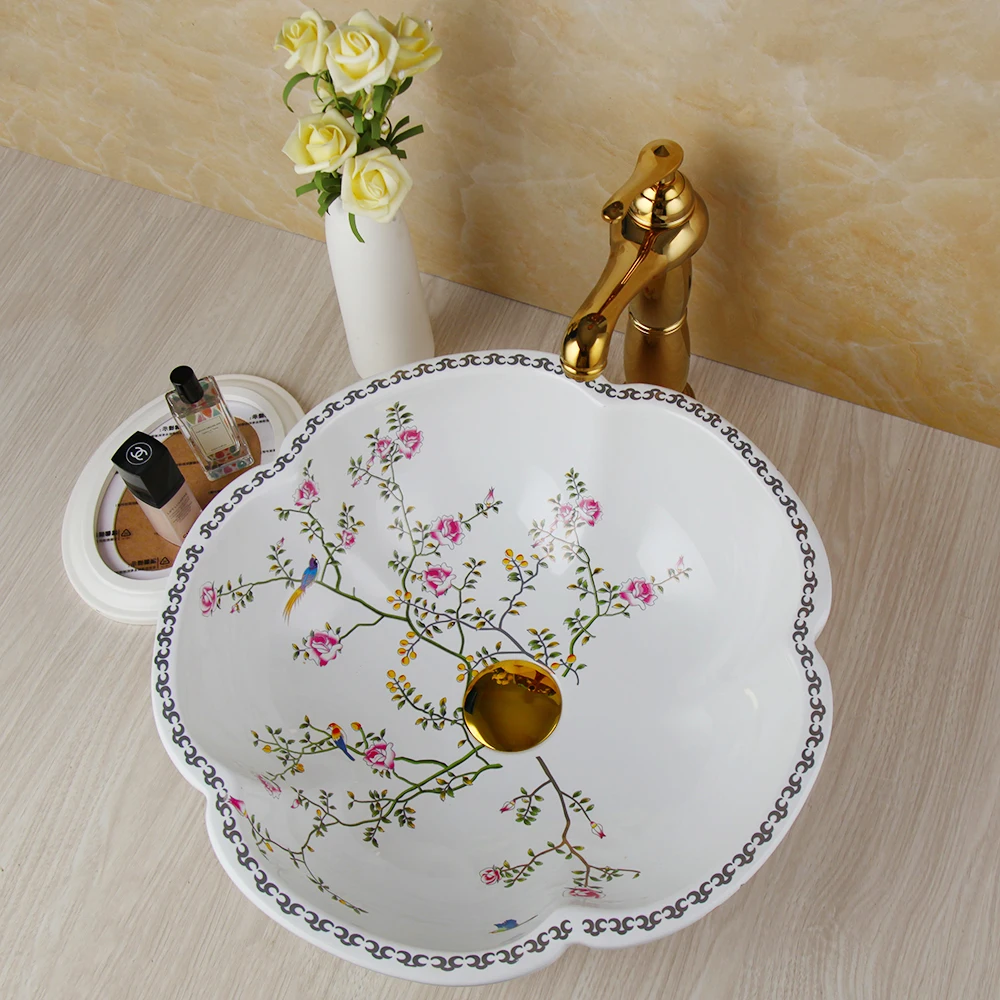 ZAPPO Above Counter Ceramic Vessel Sink For Bathroom Round Petal Shaped Flower & Bird Pattern Wash Basin Bowl Sinks With Faucet