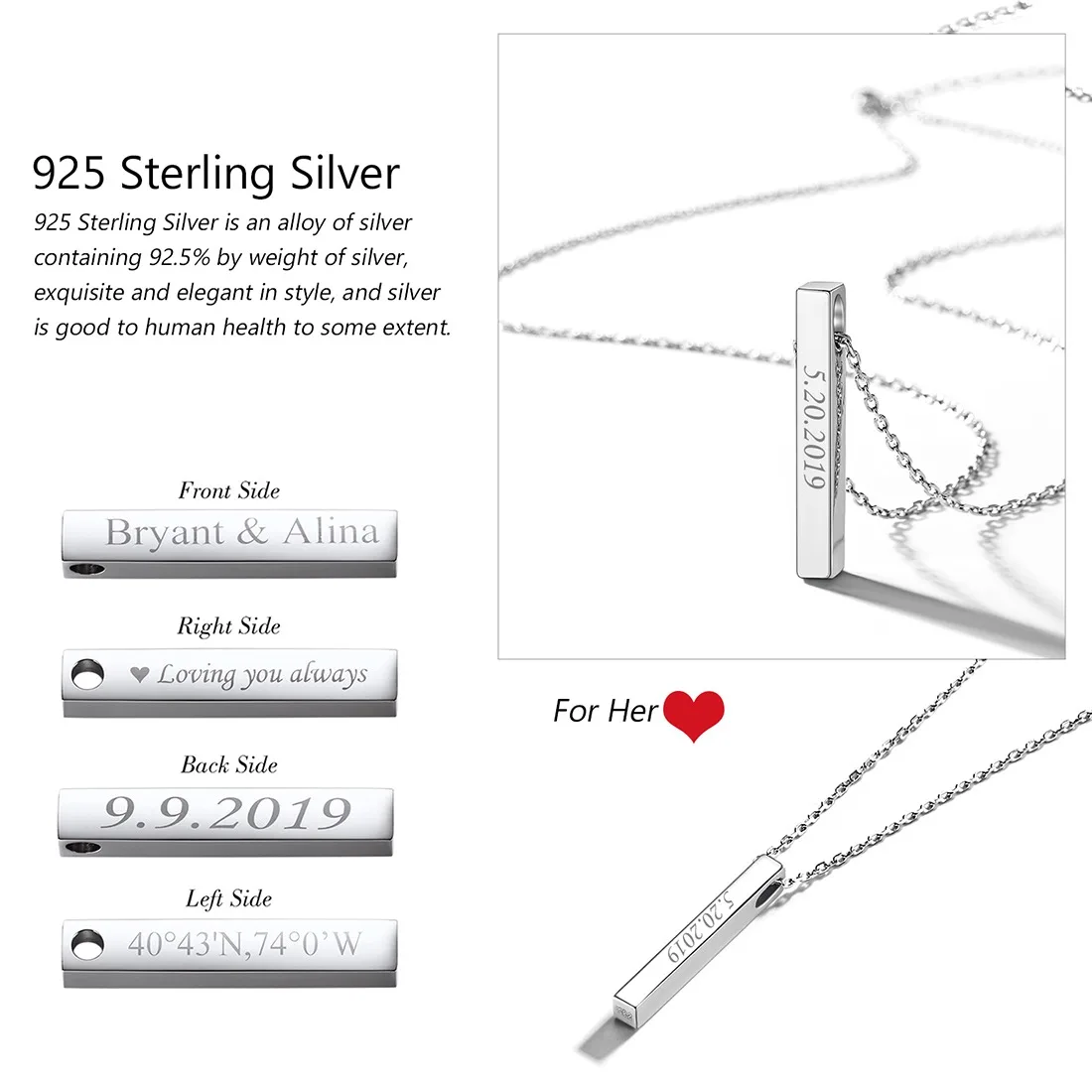 U7 925 Sterling Silver 2/4mm Vertical Bar Pendant Necklaces for Woman Personalized Name Date Coordinates Jewelry for Her pendant necklace silver necklace