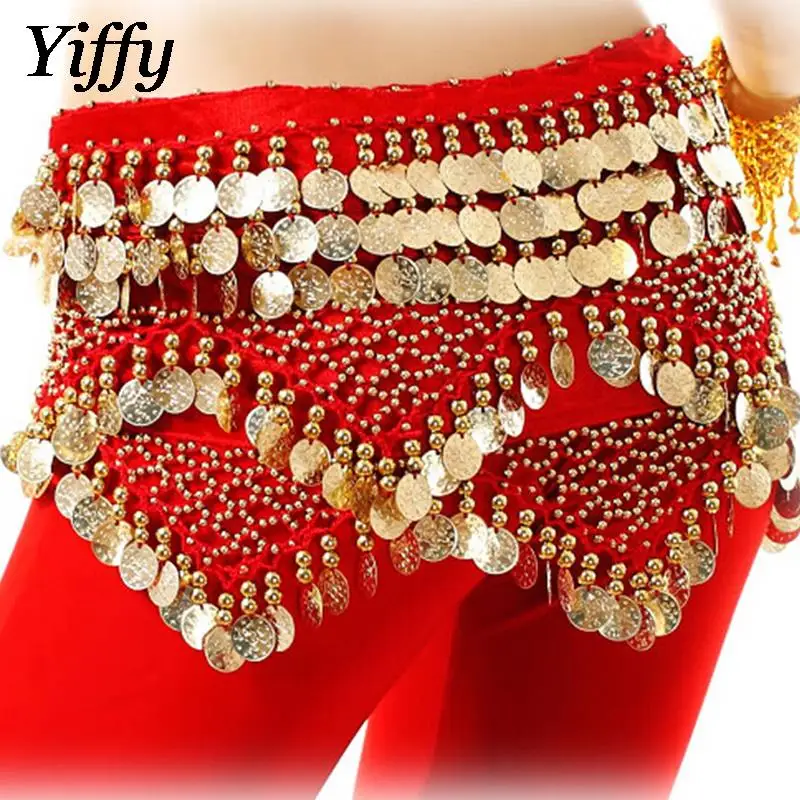 

Women Gold Coins Belly Dance Waist Belt Shiny Belly Dancing Hip Scarf Velvet Indian Dance Costume Oriental Hip Scarf Wrap Skirt