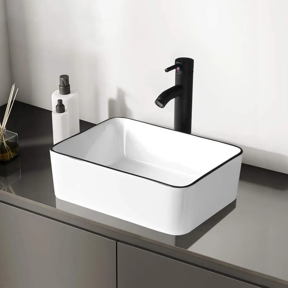 Rectangle Ceramic Vessel Sink White 16''x12'' Above Counter Small Porcelain Black Body Combo 3