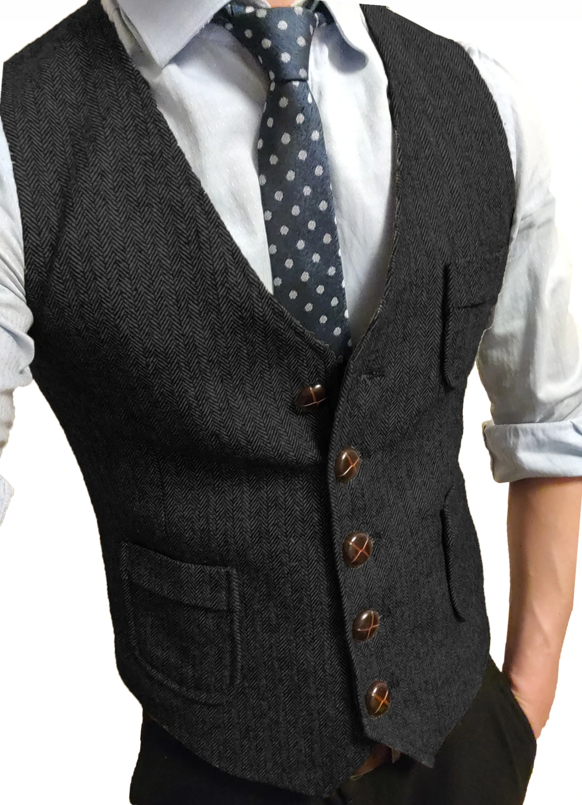 

Herringbone Men Vest Black Formal Suit V-neck Tweed Waistcoat Business Casual For Wedding Groom Banquet Work Tuxedo Vest