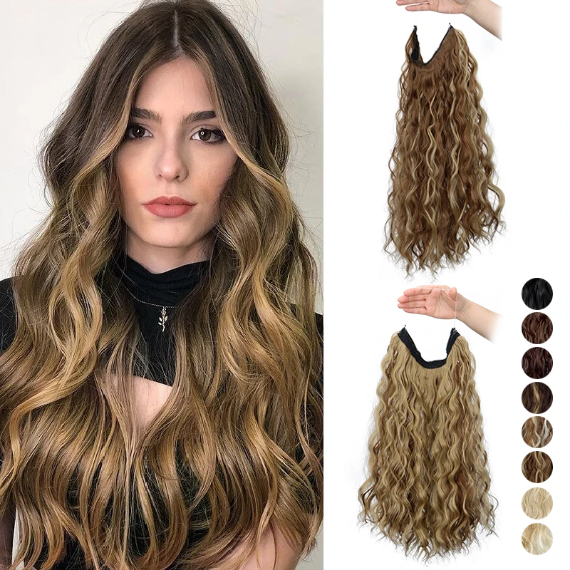 Synthetic 18Inch Long Wavy Curly Hair Extension Invisible Hairpice Fish Line Black Brown Hair for Women
