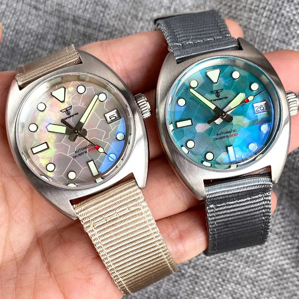 Tandorio Military Watch NH35 Movt Mechanical Diver Wristwatch MOP Dial AR Double Domed Sapphire Glass 36MM Small Pilot Clock