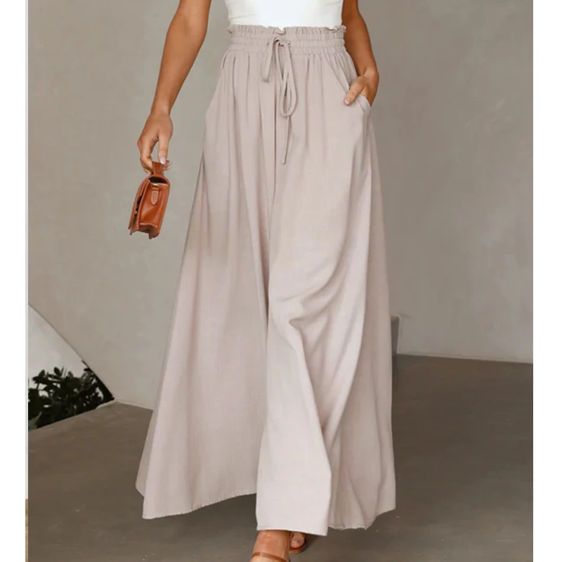 

Casual Wide-leg Pants Women Loose Summer New Fashion Elastic Waist Ladies Trousers Elegant Apricot Baggy Pants Pantalon 25997