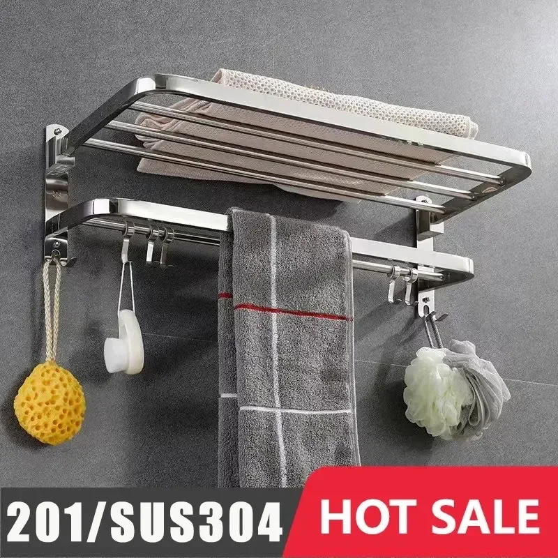 Towel Rack 40-50CM 304Stainless Steel Folding Movable Bath Towel Shelf Polished Bathroom Storage Shelf Hook