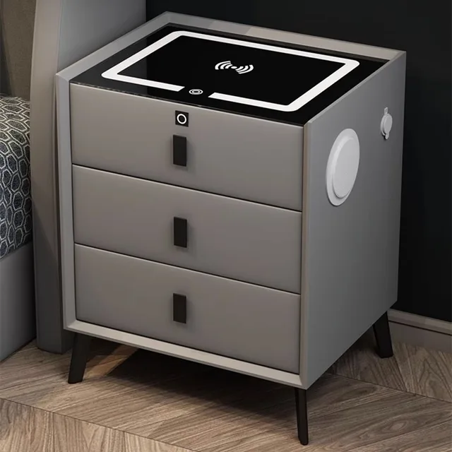 Luxurious Solid Wood Nightstand Three-Drawer Smart Bedside Table Compact Bedroom Leather Accents Integrated Wireless Charging