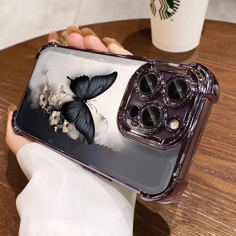 High Quality Black Butterfly Plating Phone Case with Anti-Fall Airbag Protection