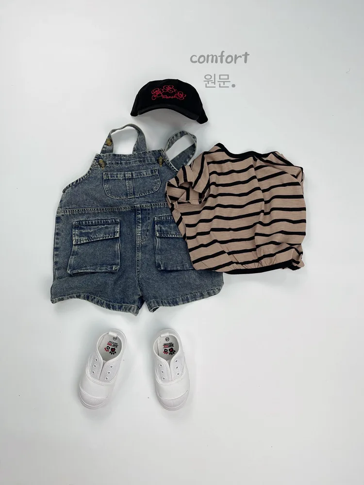 2025 Summer New Vintage Girls Overalls Kids Boys Pocket Denim Strap Pants Children Jeans Shorts Fashion Baby Clothes