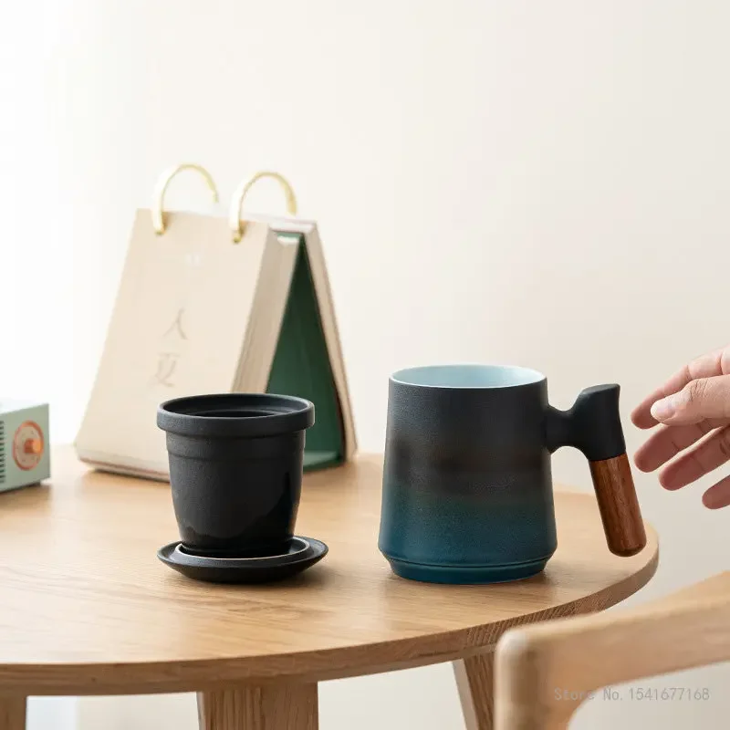 Creative Ceramic Filter Tea Cups, with Lid Monochromatic Gradient Mug, Personalized Tea Separation Flower TeaCup Office Cup, 1Pc