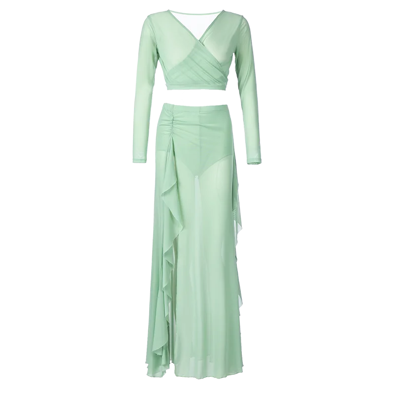 여성용 오리엔탈 댄스 거즈 코스튬 긴팔 탑, 섹시 사이드 스플릿 스커트, 단색 투명 벨리댄스 연습 복장, 저렴한 2024