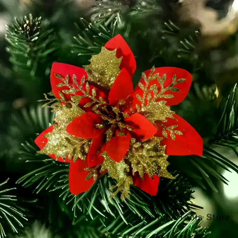 5Pcs Glitter Artifical Flowers 14CM Fake Flowers Christmas Decoration Xmas Tree Ornament New Year Navidad 2026 Gift Accessory