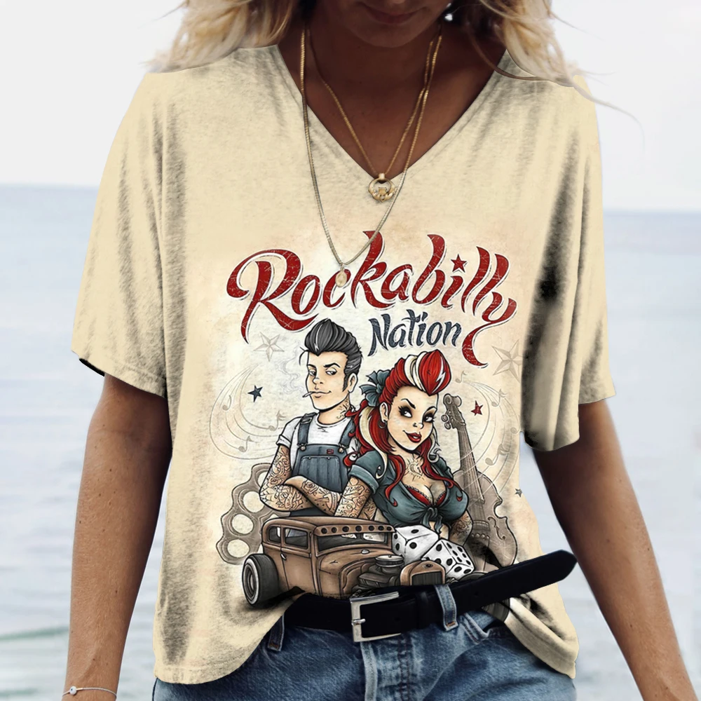 US Route 66 Print Women's T-shirt Tops V-neck Oversized Short Sleeve Pullover Female Vintage Wind Tees 2023 New Harajuku Clothes