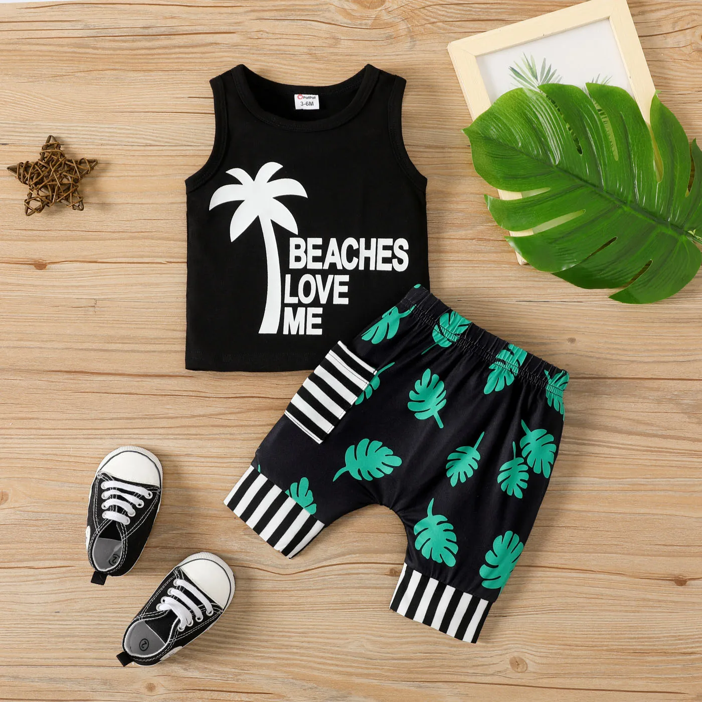 

PatPat 2pcs Baby Boy Plant Letter Tank Top and Striped Pants Set