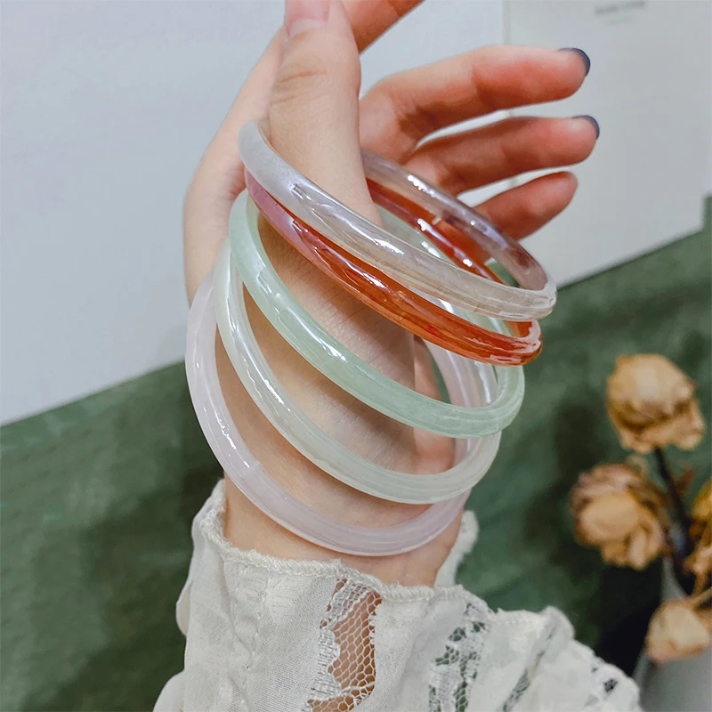 Natural Thin Bangle Bracelet Handcarved Agate Glass Jadeite Jade Jewelry For Women