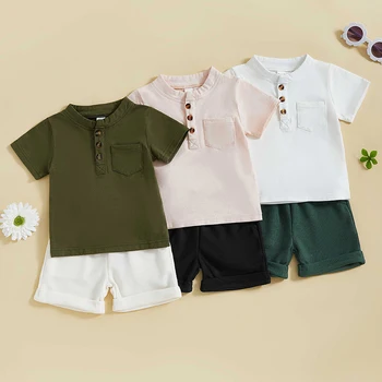 Vestiti estivi per neonati e ragazzi, maniche corte, scollo a O, bottoni e pantaloncini tinta unita, abiti in cotone per bambini 1