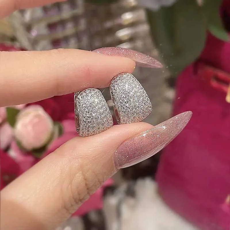 Bling Zircon Geometric Stud Earrings Women 925 Sterling Silver Ins Jewelry Cubic Zirconia Ear Studs White Gold Plated Gift