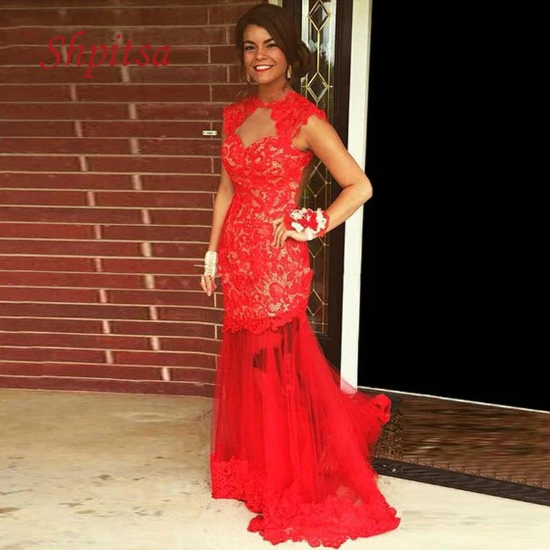 

Red Long Lace Mermaid Evening Dresses Party Beautiful Women Prom Formal Evening Gowns Dresses