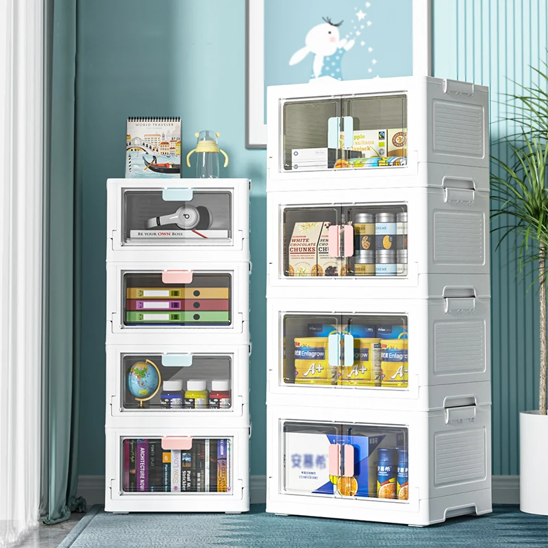 

Double Door Folding Box Storage Cabinet Transparent Multifunction Plastic Closet Container for Toys Book Car Offical Organizer