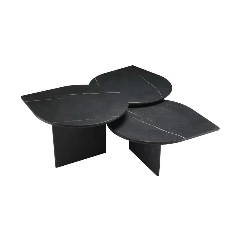 Ensemble de table basse en marbre noir au design italien, tables gigognes en forme de feuille, table d'appoint de canapé triple de luxe pour décoration de salon 1 Ensemble de table basse en marbre noir au design italien, tables gigognes en forme de feuille, table d'appoint de canapé triple de luxe pour décoration de salon 1