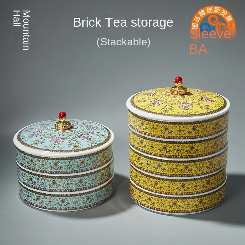 

Ceramic Tea Cookie Jar Pu'er Tea Caddy Storage Cabinet Chitsu Pingcha Barrel Enamel Large Multi-Layer White Tea Cake Rack