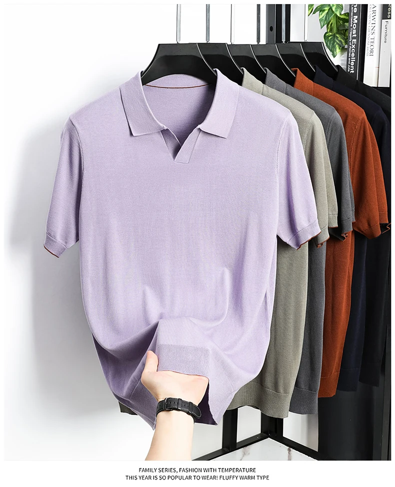 100% Lyocell Knitwear 2025 Men Spring Summer Trendy Turn Down Collar Knit Tees Short Sleeve Breathable Knit Tops
