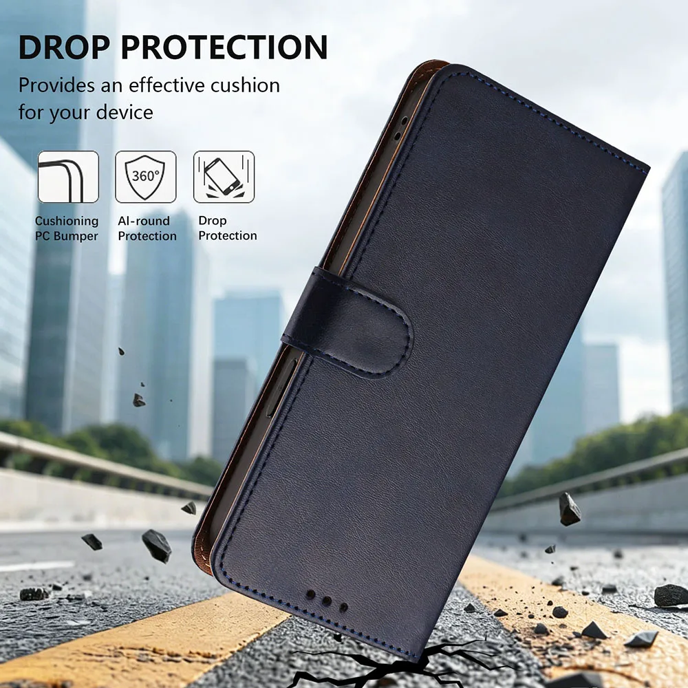 Leather Wallet Case with Magnetic Flip, Card Slots & Kickstand