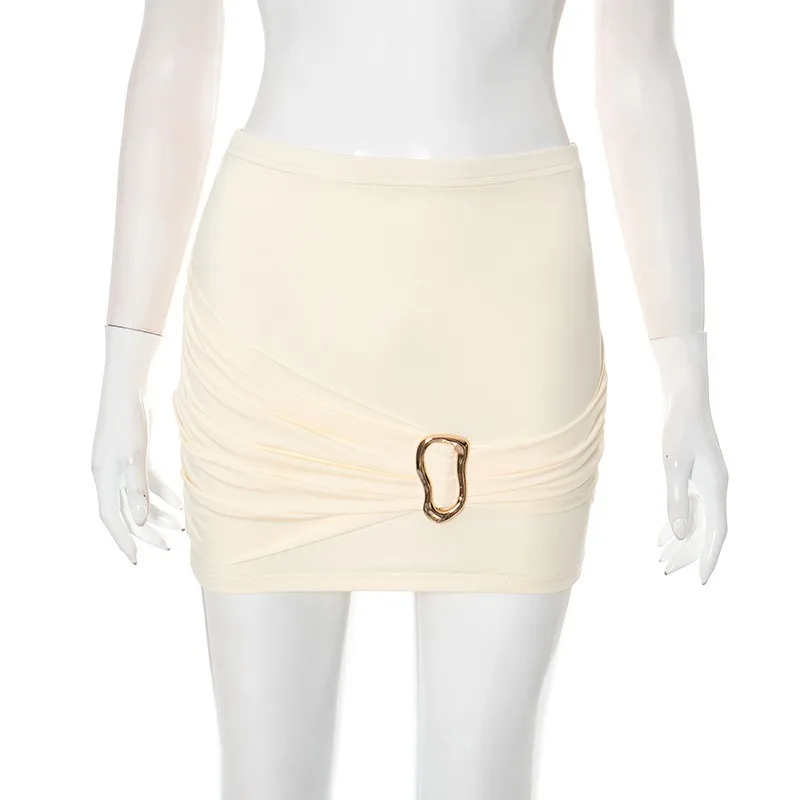 New Fashion Y2k Women's Short Skirt Set Summer Diagonal Neck Sleeveless Metal Buckle Vest Hip Skirt Solid Color Two-piece Set