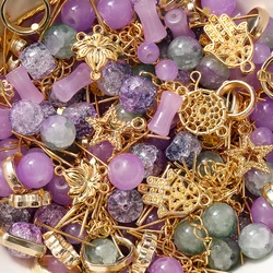 Mixed Glass Beads and Metal Pendants - 50grams (Purple-Gold)