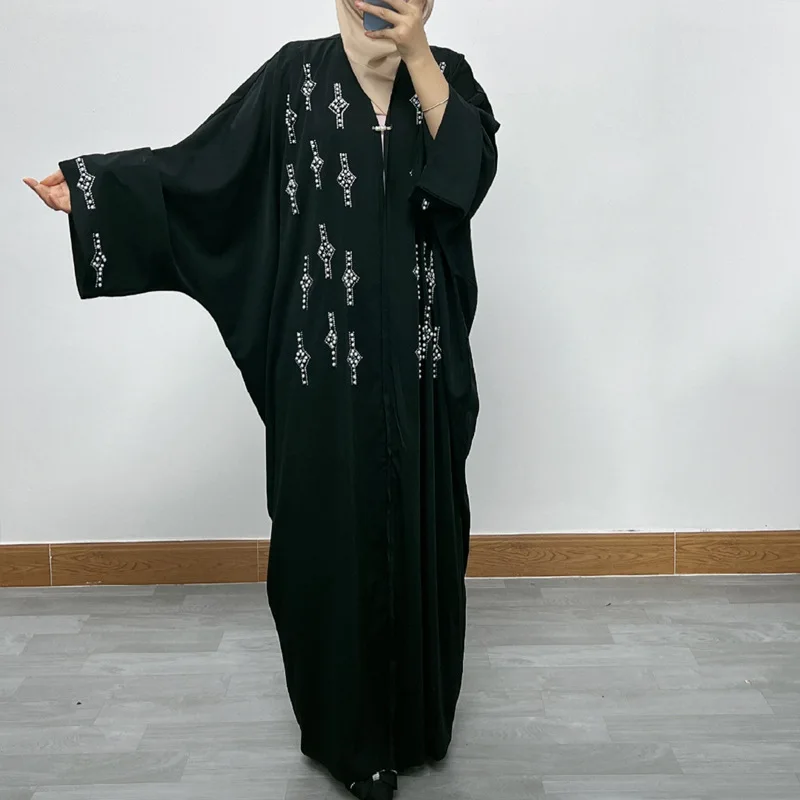 

Ramadan Dubai Saudi Arabian Muslim Luxury Fashion Women's Wear Hot Diamond Beaded Bat Sleeves Loose Islamic Cardigan Gown