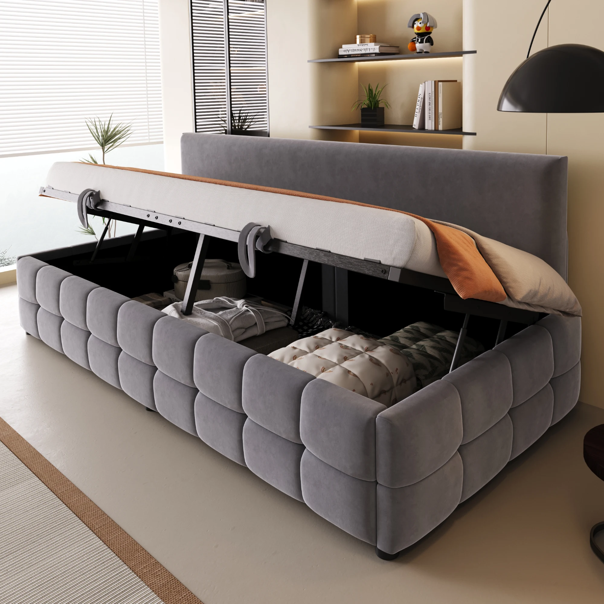 Gepolstertes Schlafsofa 90*200 cm, mit hydraulischem Stauraum, Rückenlehne ohne Armlehnen, mit auffälligem, klassischem Teppichmuster, Samt – Detail 1