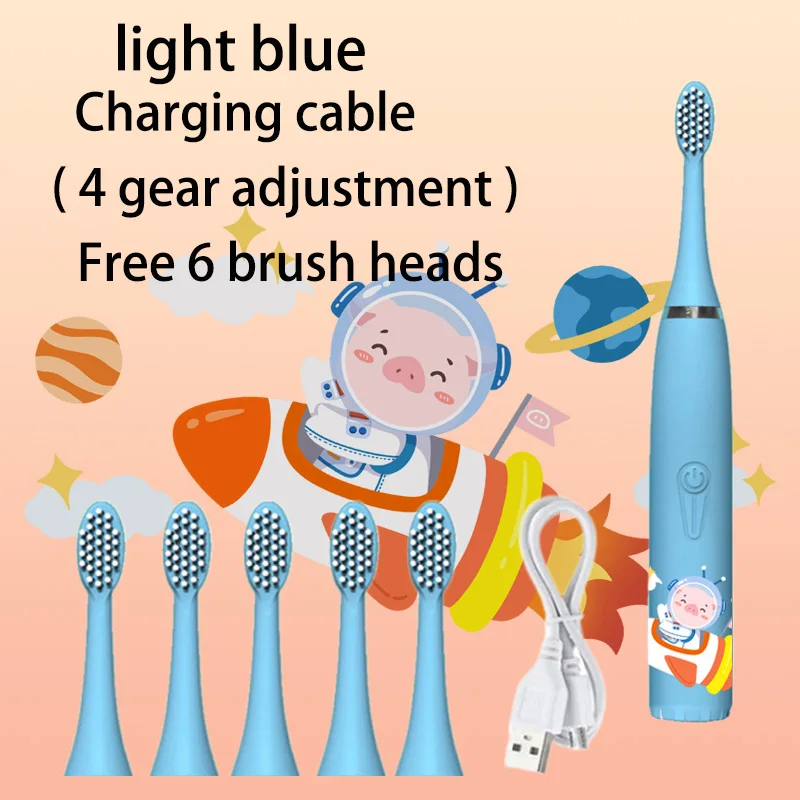 

Sonic Electric Toothbrush Cartoon Kids With Cleaning brush Ultrasonic IPX7 Waterproof Rechargeable Timer Brush for Children Blue