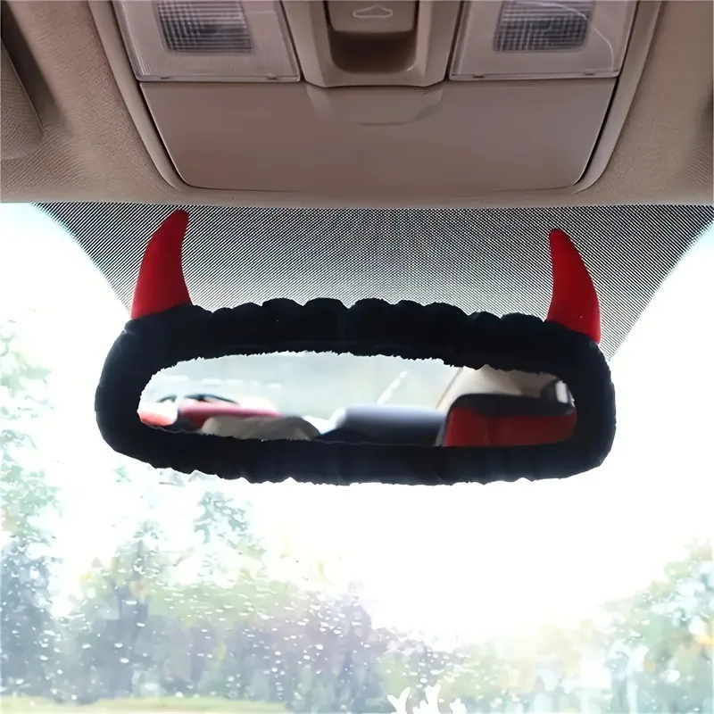 1pc Cute Devil Horn Car Rearview Mirror Cover-Creative Fabric Decoration for Vehicle Interior, for Halloween