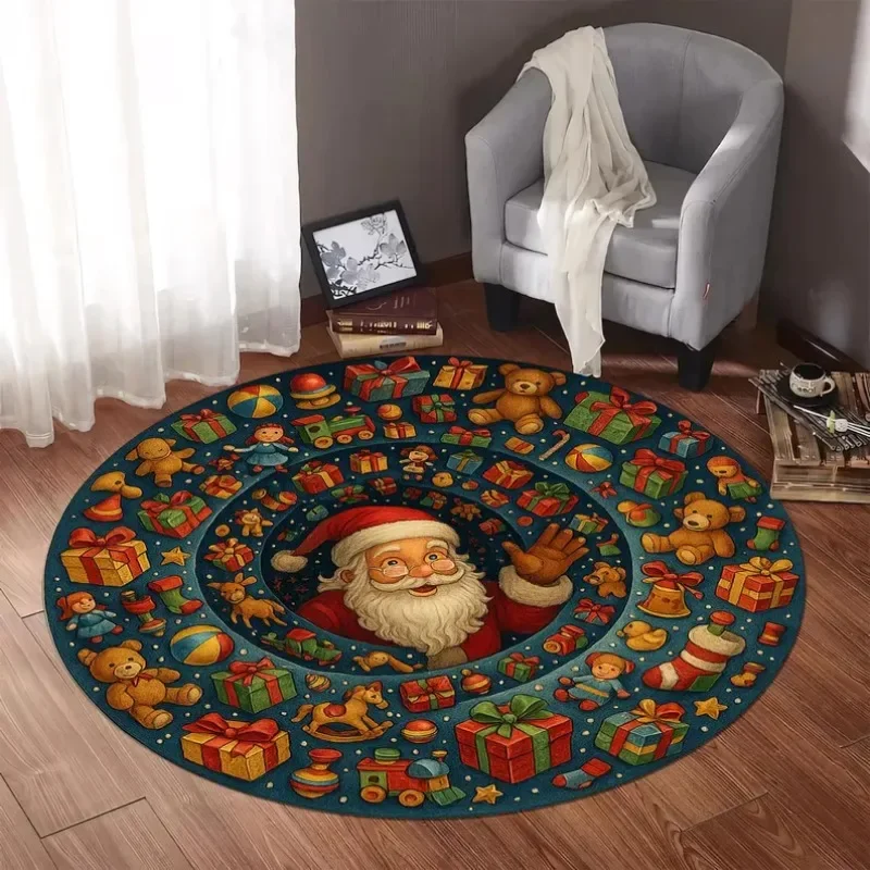 Santa Claus Toys Gifts Christmas Rug 3D Optical Illusion Round Carpet ...