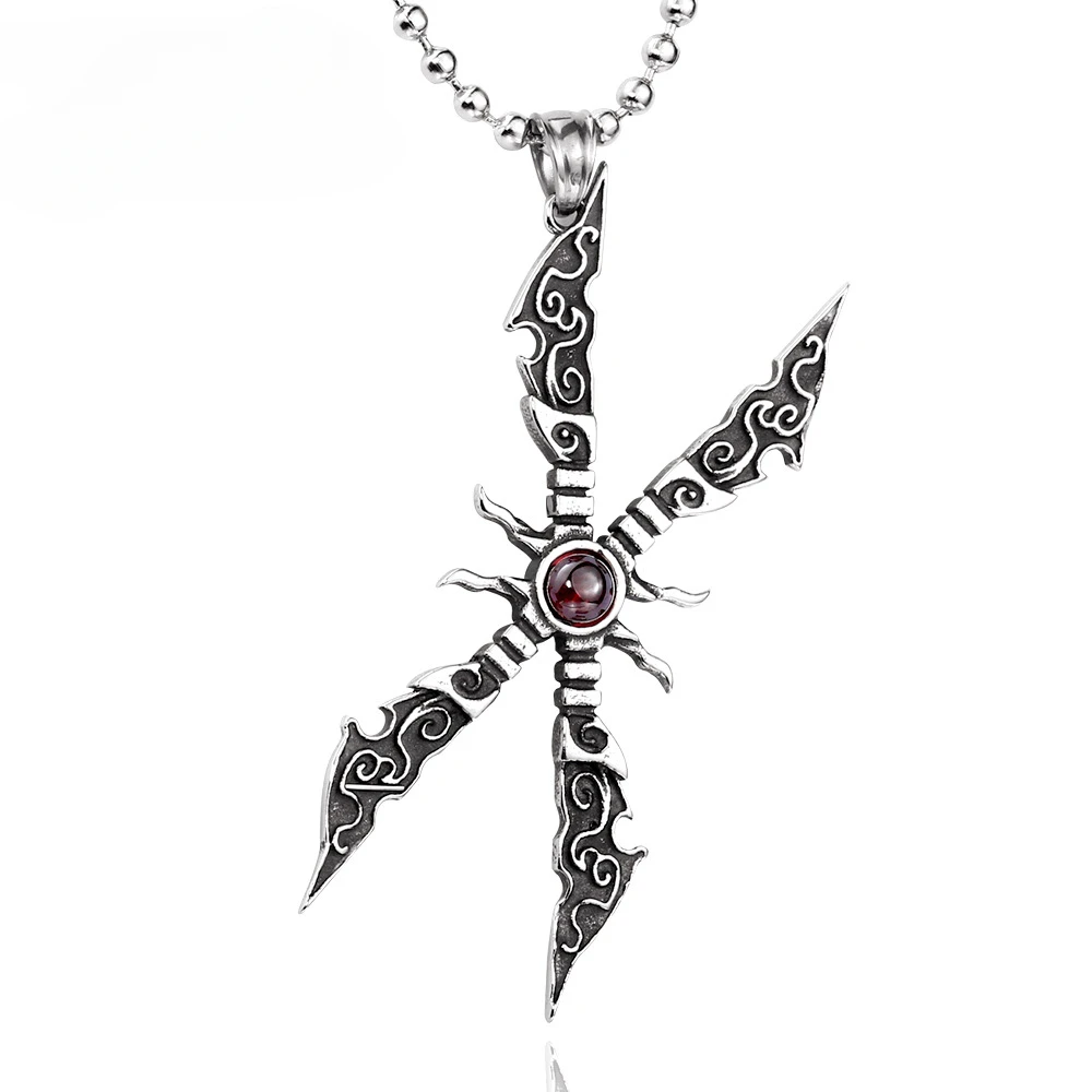 

European and American Retro Fashion Jewelry, Stainless Steel Carved with Zircon Large Pendant, Game Weapon, Personalized Pendant