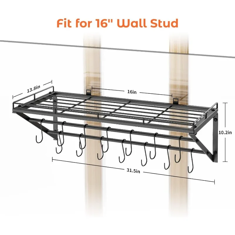 31 Inch Wall Mounted Pot Rack Storage Shelf with 2 Tier Hanging Rails 14 S Hooks included, Ideal for Pans 5