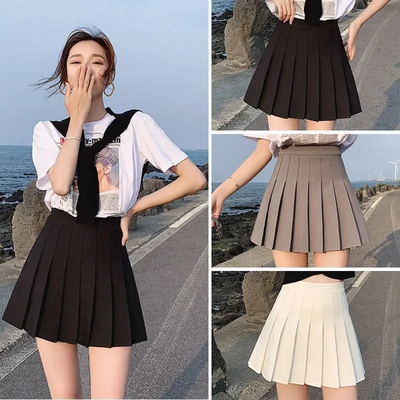 Women Slim Solid Color Pleated Short Skirt female mini skirts College Style High waisted A line