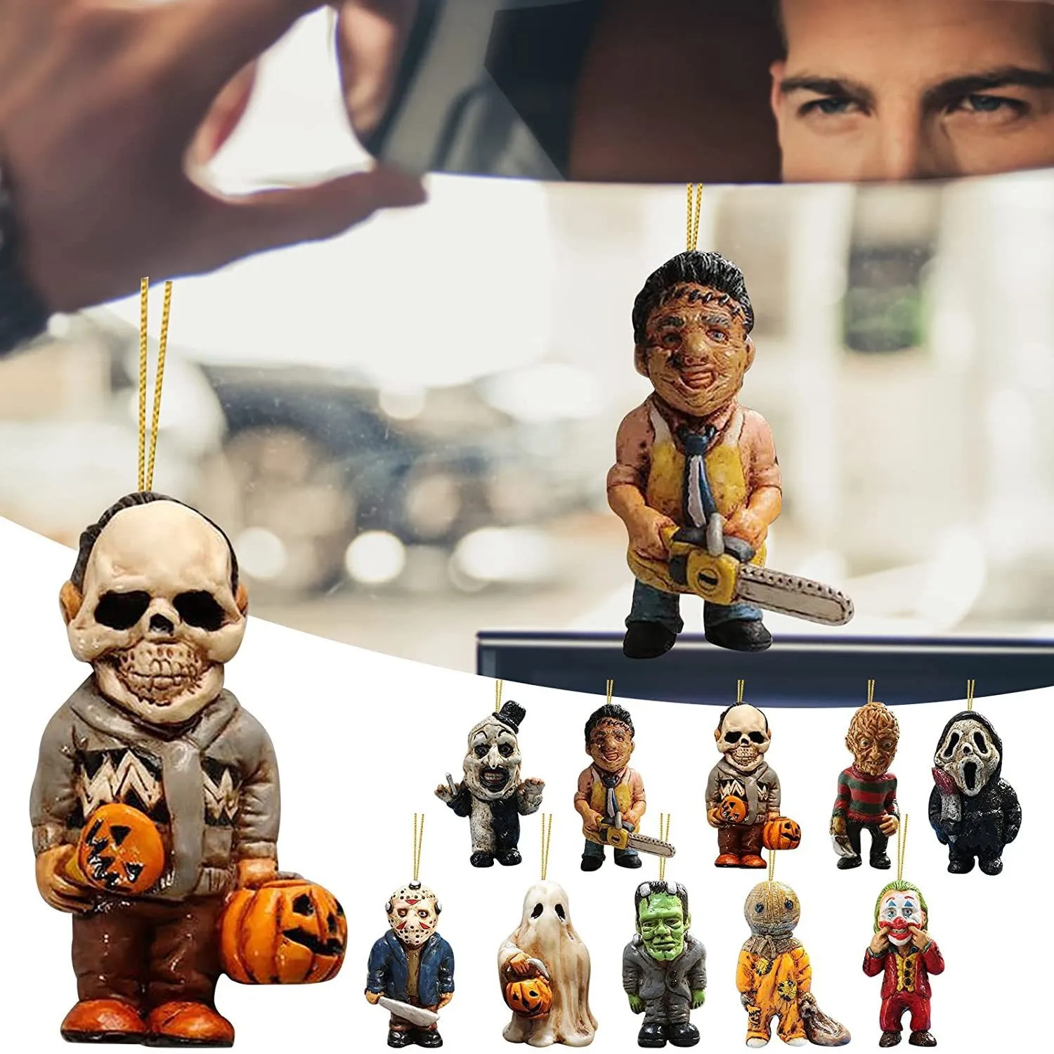 2024 New Horror Movie Charm Garden Gnome Specchietto Retrovisore Accessori Decorativi Halloween Christmas Tree Prodotti Decorativi Per Auto