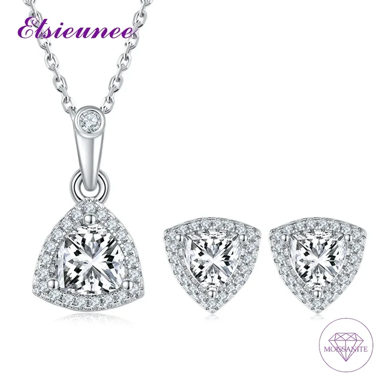 Sparkling 100% 925 Sterling Silver 1CT D Color Triangle Cut Moissanite Necklace Earrings Wedding Party Jewelry Sets Fine Jewelry