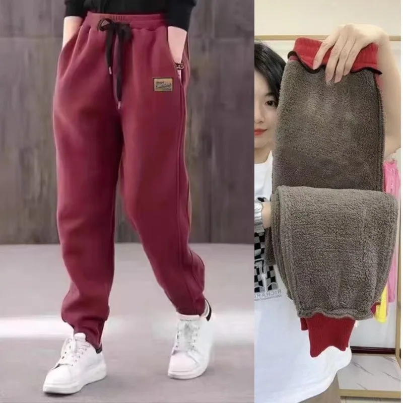 Women's Elastic Waist Drawstring Solid Pocket Three-dimensional Decoration Pants Winter Loose Cashmere Casual Sports Pants