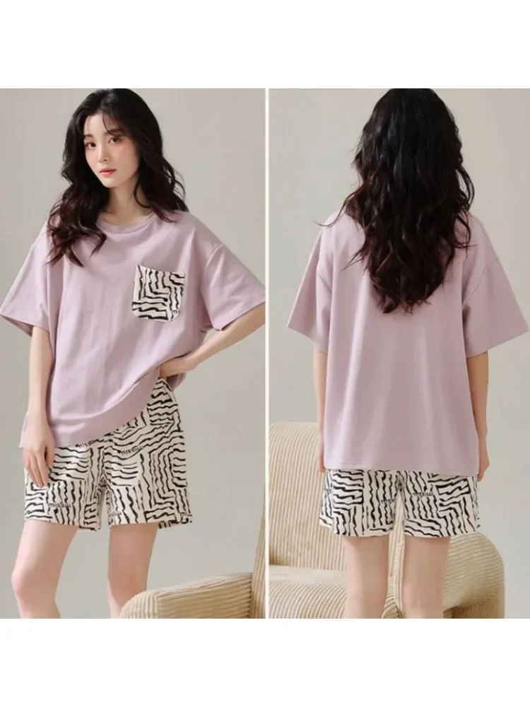 Pajamas Female Summer Models New Cotton Short-sleeved Shorts Set Summer Zebra Print Loose Can Be Worn Outside Homewear Sleepwear