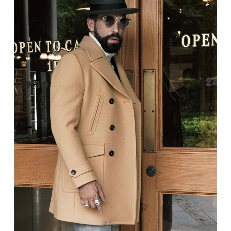 Military Green Mens Blends with Double Row Buttons Medium Length Lapel British Style Autumn Winter Coat
