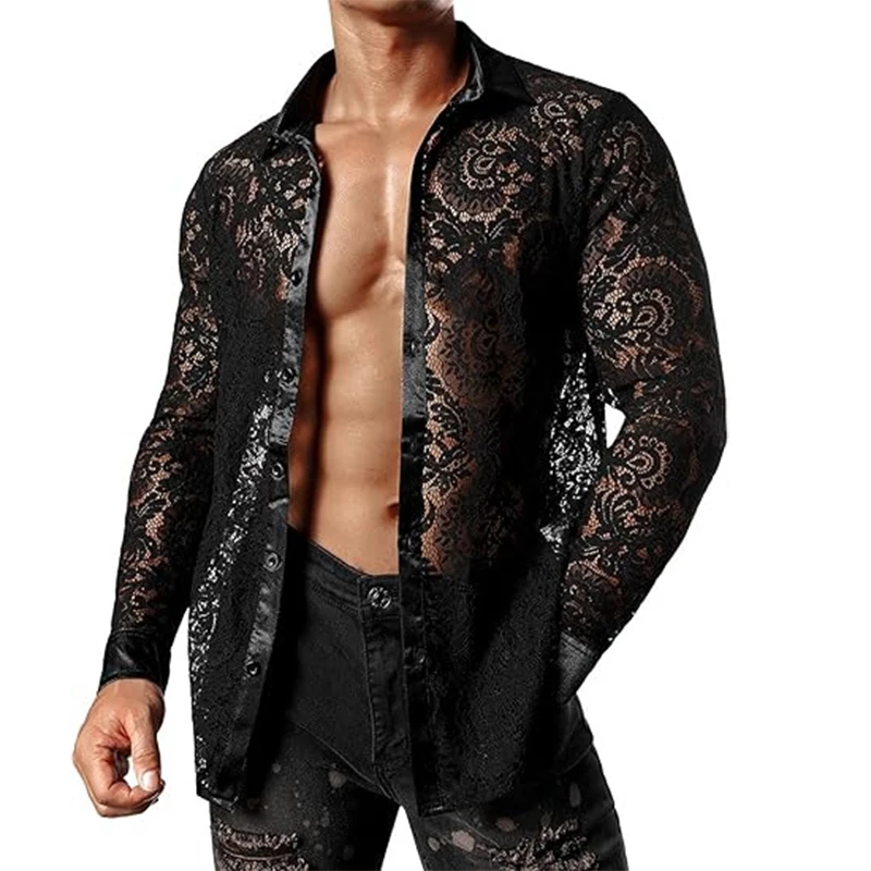 Vintage Mens Embroidery Mesh Shirts Sexy See Through Hollow Out Breathable Lace Shirt Men Nightclub Fashion Long Sleeve Mesh Top