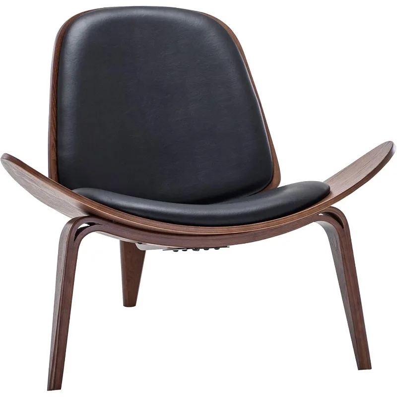 Leather shell recliner, Living room, Bedroom, Office, upholstered tripod side chair, Solid wood - Avalon (black) 2