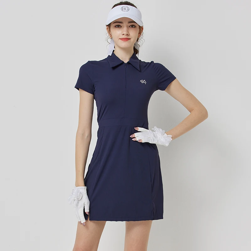 BLKTEE Golf Women Dress Short Sleeve Breathable Slim Waist Polo Shirt Dresses Zipper Half Length Skirt Ladies Golf Clothing