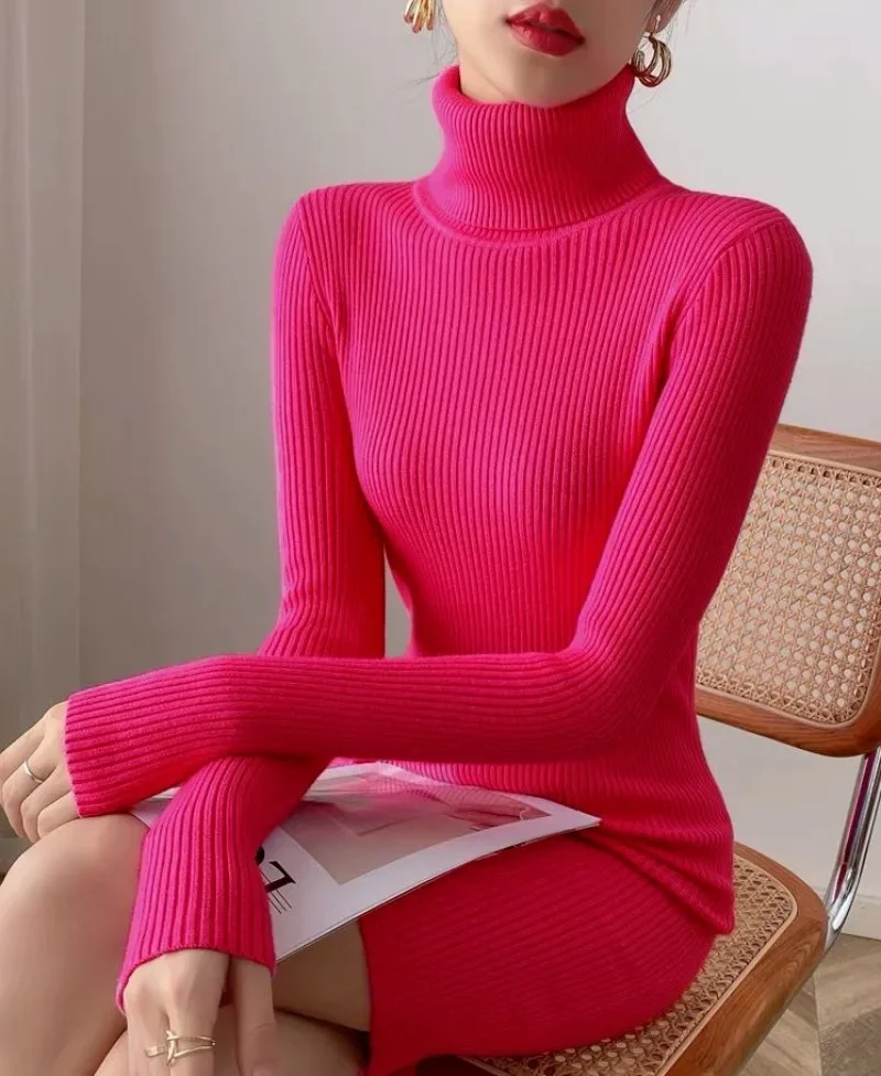 Herbst Neue Koreanische Rollkragen Gestrickte Kleid Reine Farbe Bodycon Pullover Kleid Büro Dame Pullover Lässig Elegante Strickwaren Jumper – Detail 18