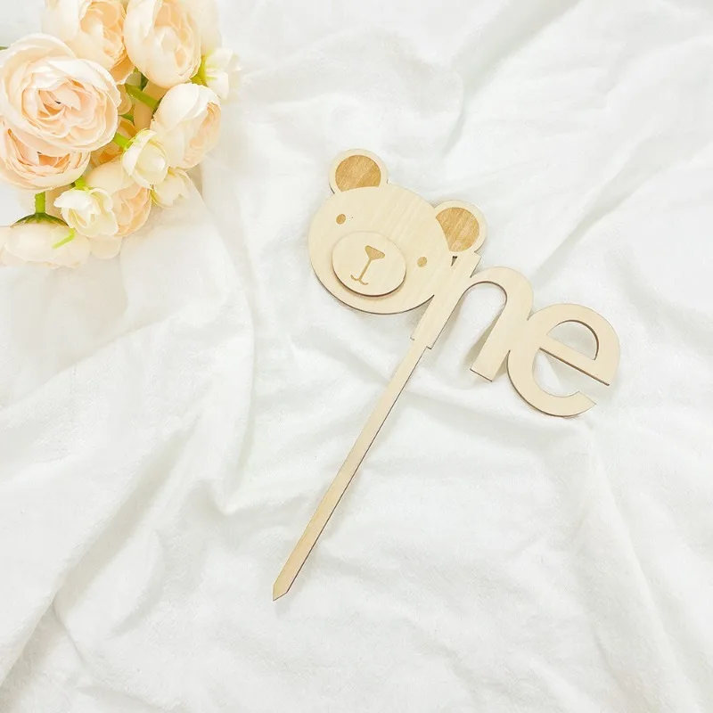 Bear One Cake Topper Wood Boys Girls First Birthday Party Decorations Animal Woodland Theme Birthday Supplies