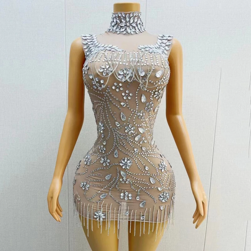 

Full Rhinestones Fringed Dress Women Party Evening Dresses Birthday Celebrate Costume Singer Stage Festival Outfit XS7087