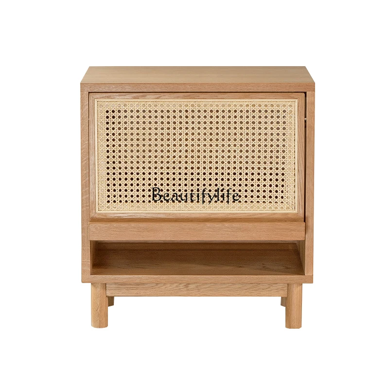 

Nordic Solid Wood Rattan Bedside Table Modern Minimalist I Bedroom Oak Storage Side Cabinet