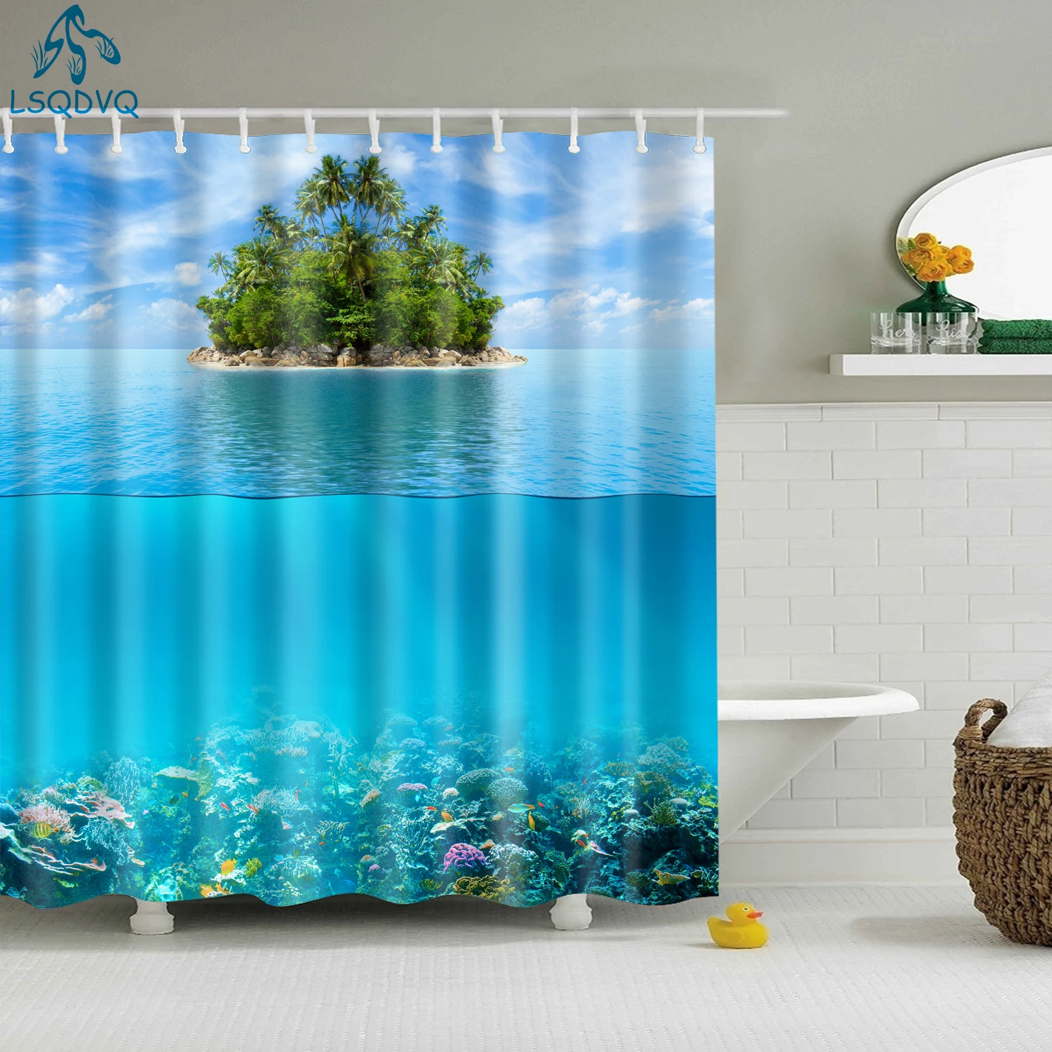 Seaside Sea Beach Sea Wave Coconut Tree Shower Curtains Bathroom Curtain Frabic Waterproof Polyester Bath Curtain with Hooks shower curtains
